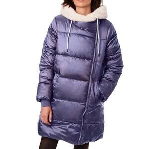 Bernardo Sz M Crystal Hooded Puffer in Metallic Purple w Faux-sherpa Lining Warm